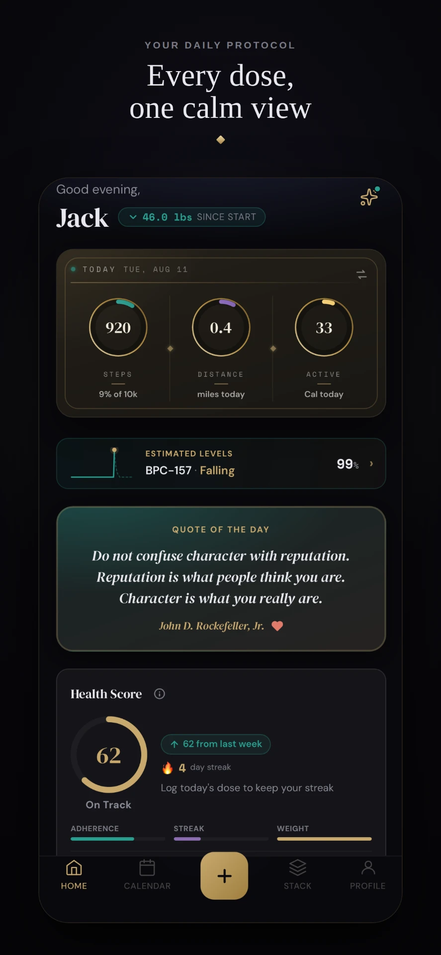 Home dashboard with due doses, activity rings, quote of the day, and weekly health score