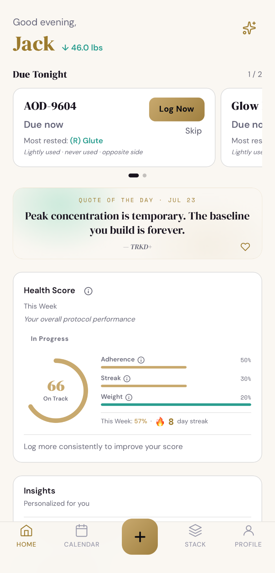 Home dashboard with due doses, quote of the day, and weekly health score