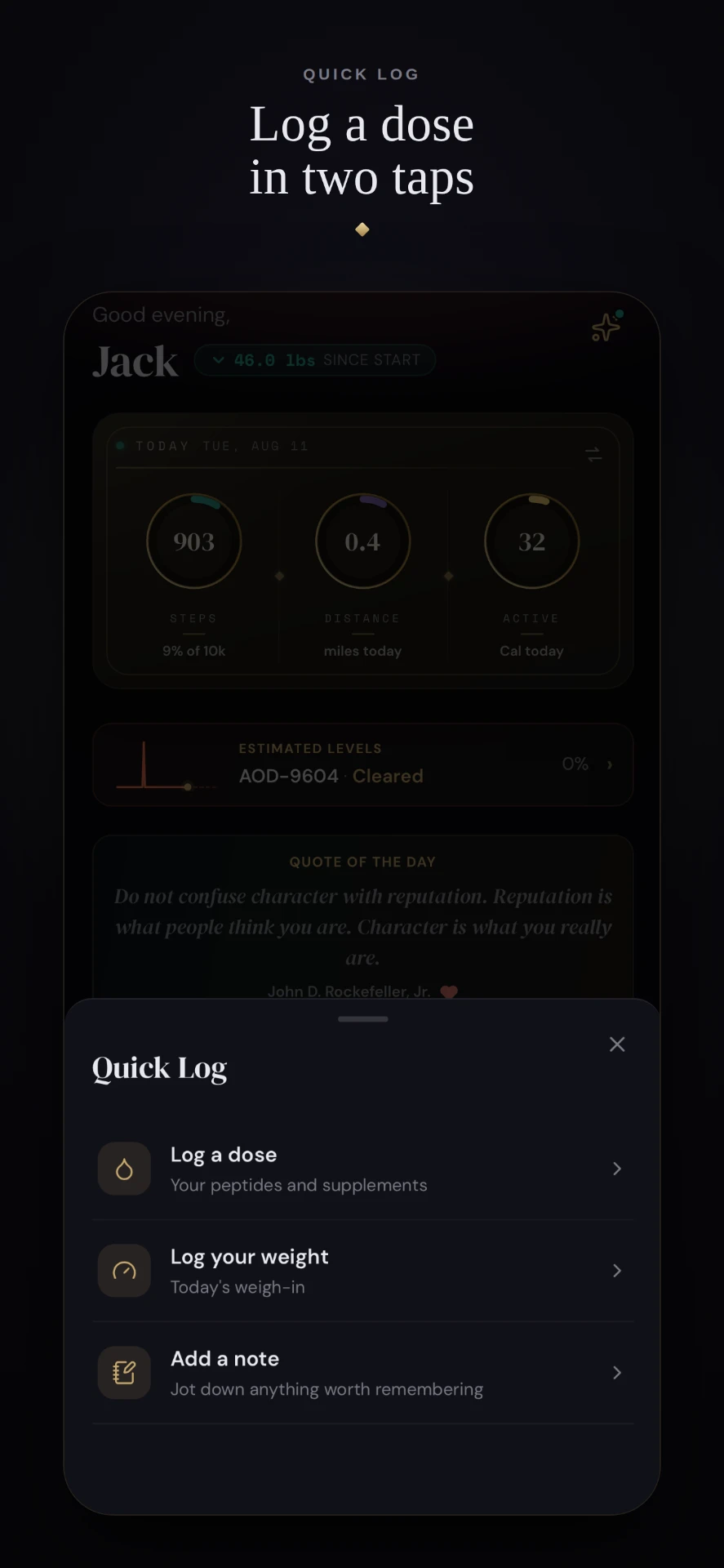 Quick log sheet for logging a dose, a weigh-in, or a note