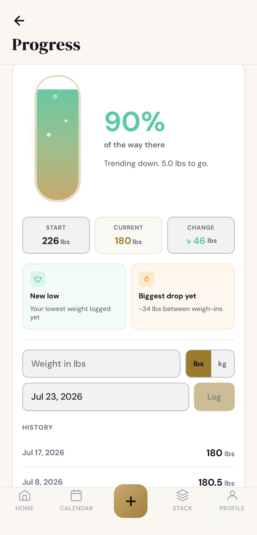 Progress screen tracking weight trend and history