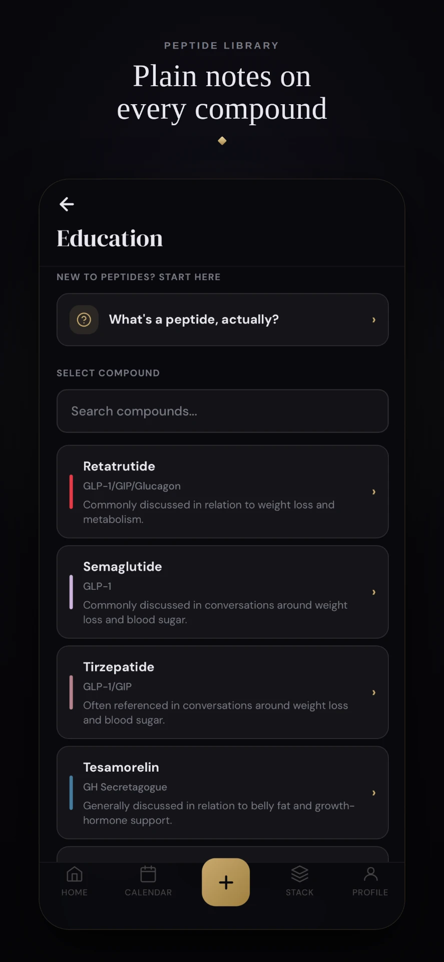Peptide library with plain-language notes on every compound
